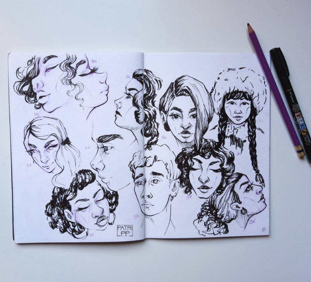 100 heads challenge art sketchbook ink portraits