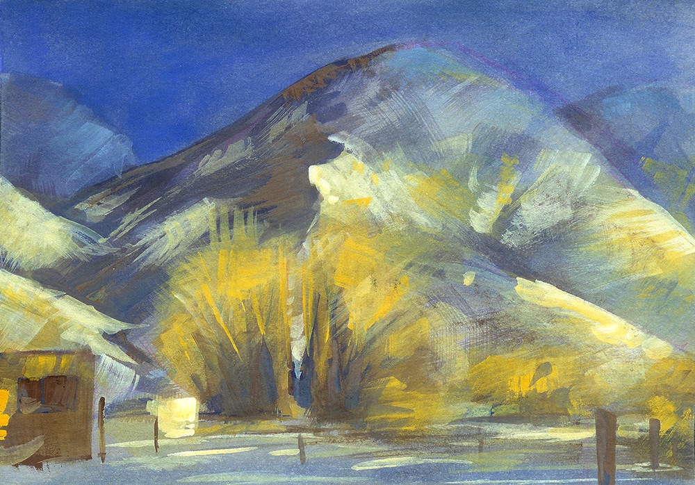 Landscape sketching in watercolour and gouache by Nathan Fowkes snowy mountain