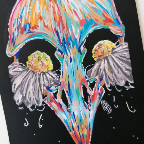 bird tears skull gouache colourful painting