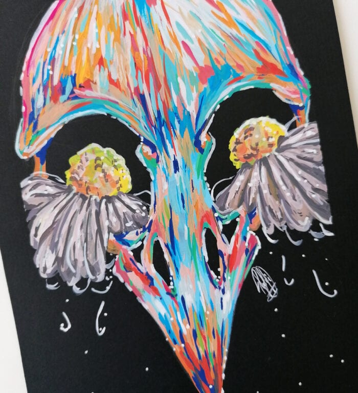 bird tears skull gouache colourful painting