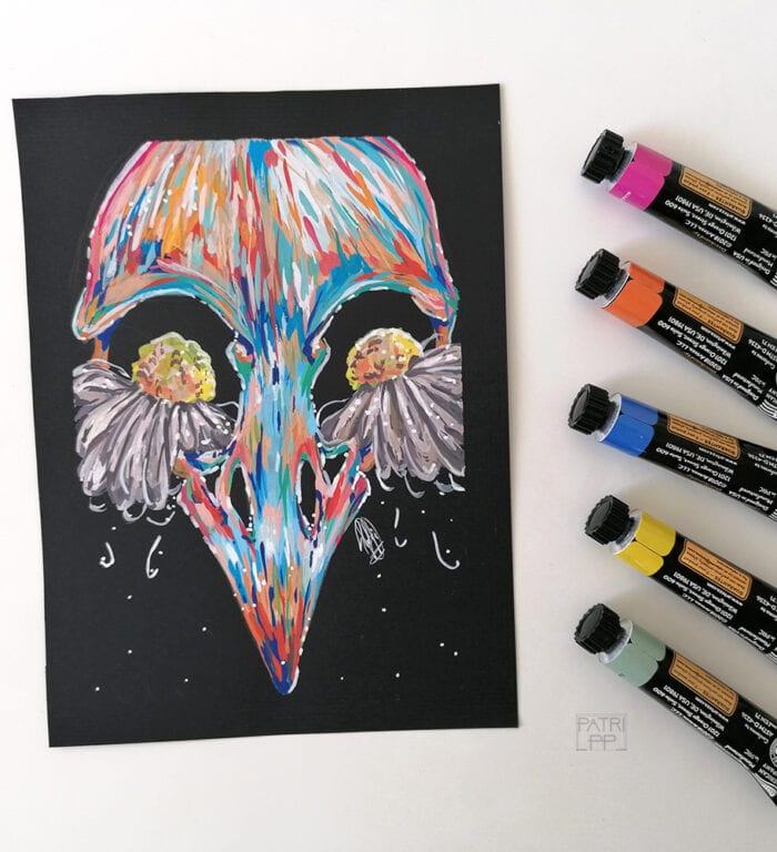 bird tears skull gouache colourful painting