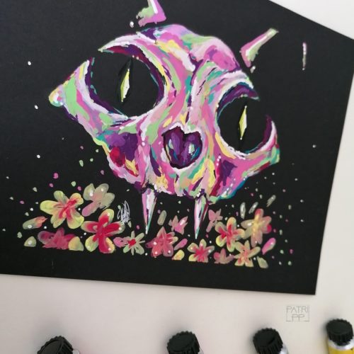 cat skull colourful gouache painting (2)
