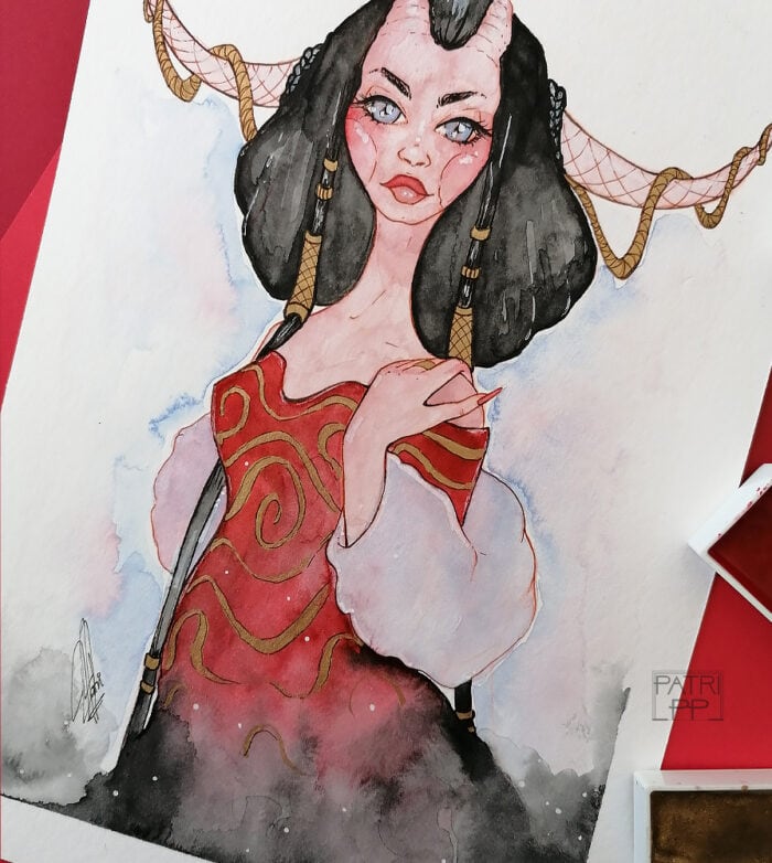 mist red demon watercolour painting demoness golden embelishments