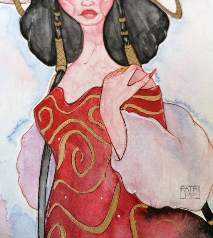 mist red demon watercolour painting demoness golden embelishments