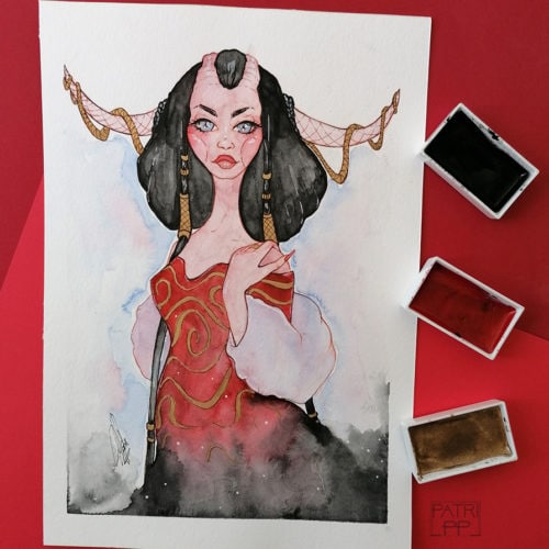 mist red demon watercolour painting demoness golden embelishments