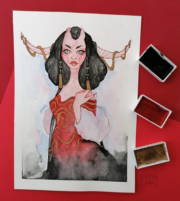 mist red demon watercolour painting demoness golden embelishments