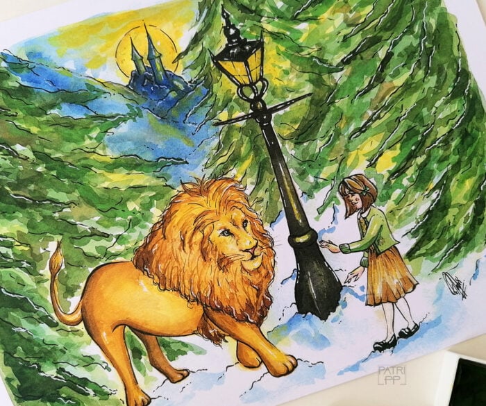 art print the chronicles of Narnia aslan and lucy pevensie