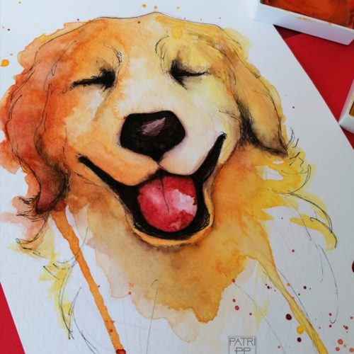 watercolour dog splatter golden retriever smile