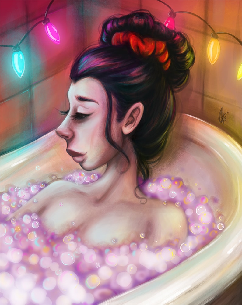 bathtub christmas art fairy lights bubble bath digital art