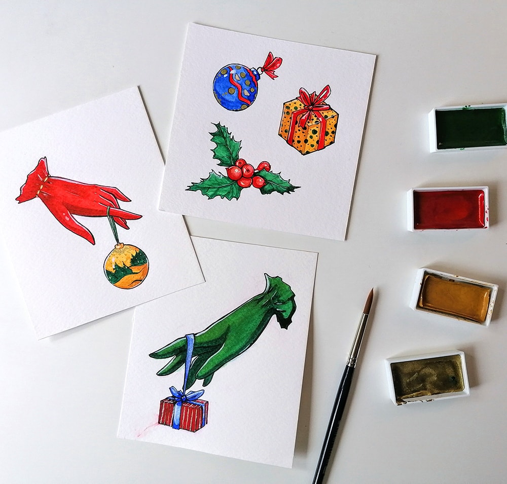 christmas mini watercolour illustrations paintings decorations gloves gifts art challenge