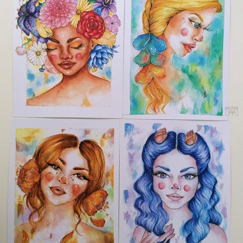 four seasons watercolour paintings prints summer autumn winter spring