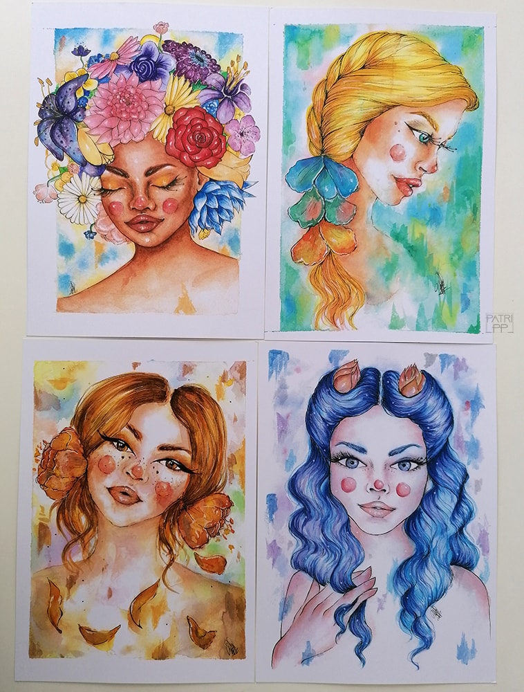 four seasons watercolour paintings prints summer autumn winter spring