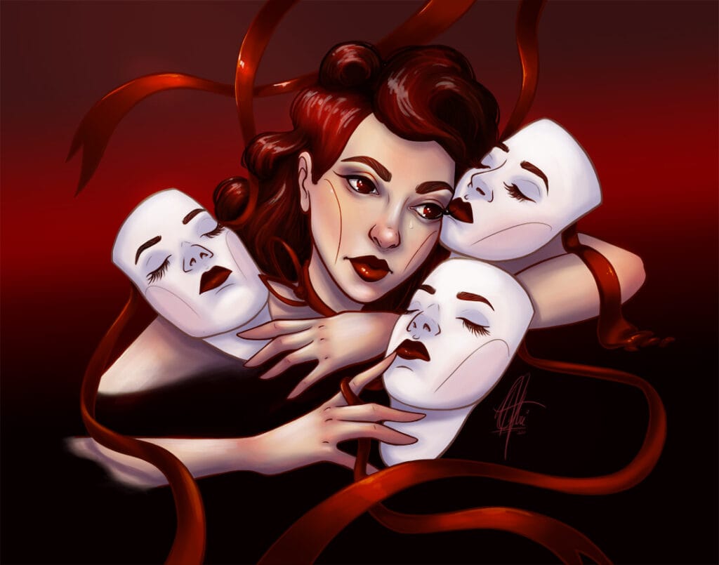 loneliness in red digital art patricia pedroso monochromatic fantasy mask