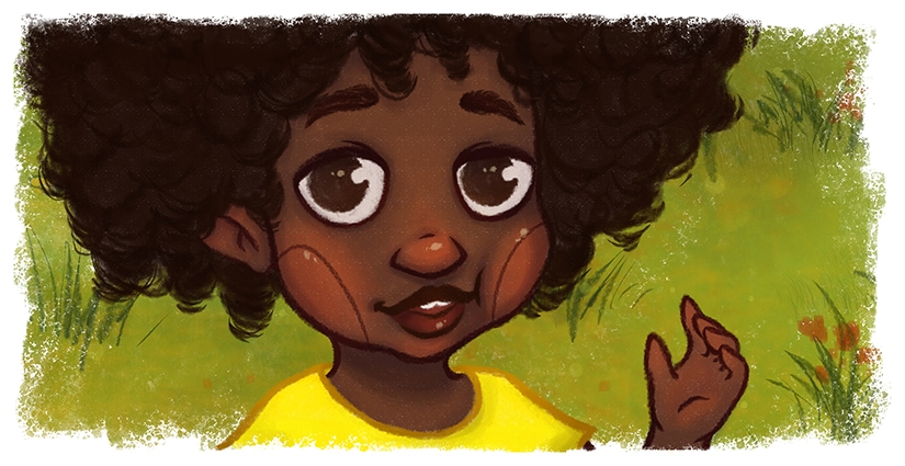 childrens book illustration close up on a childs face chewing