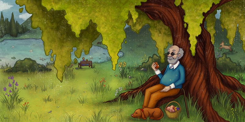 childrens book illustration old man under a tree