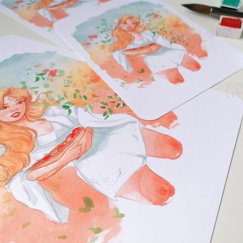 Watercolour sketch apple picking girl pastel
