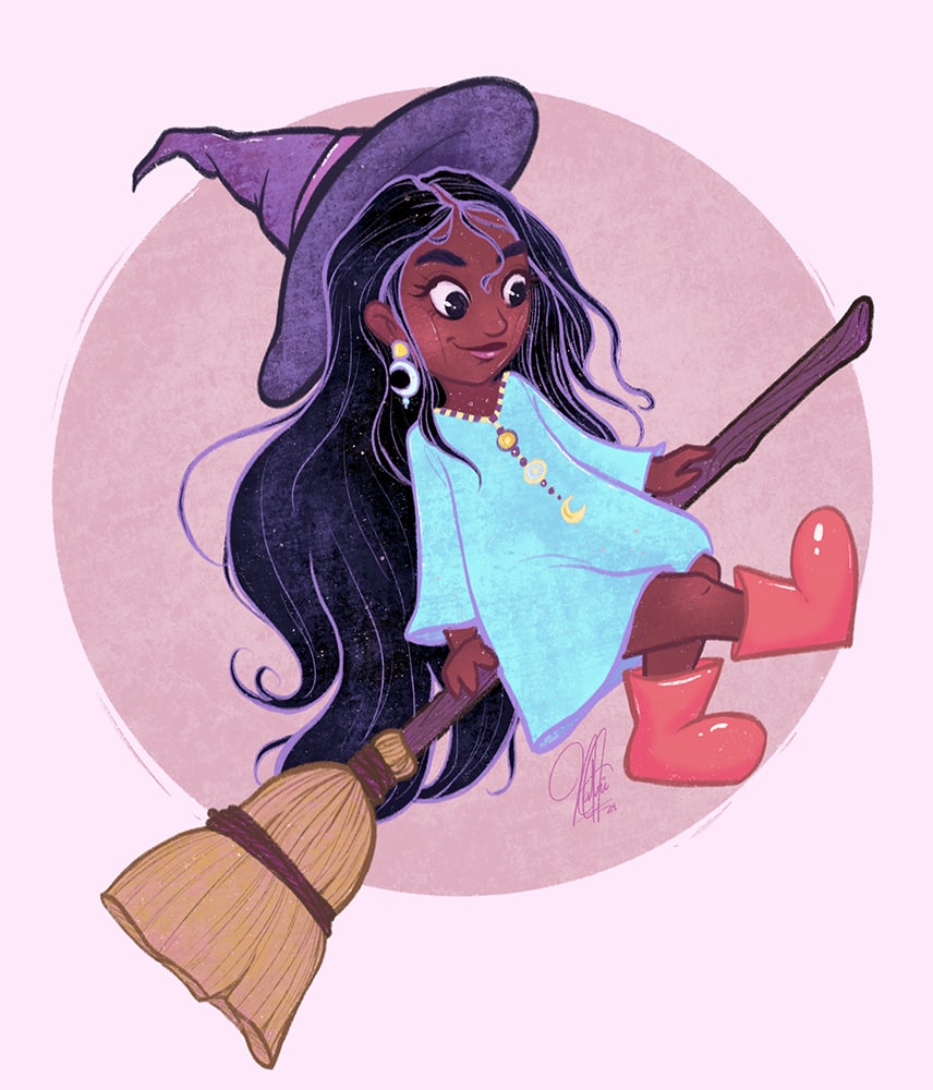 Story book style illustration of Small girl witch ridding a broom, long haired and wearing rainboots